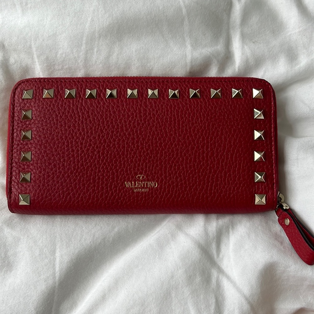 Valentino Red Leather Rockstud Zip Around Wallet